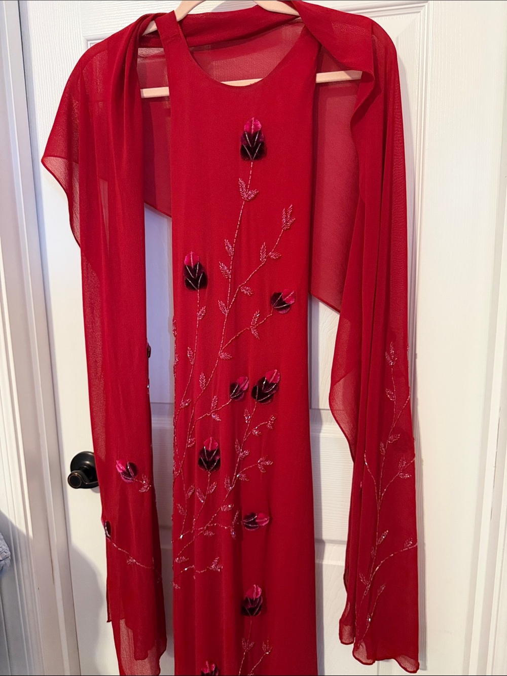 Cache Red Sheer Evening dress & Wrap with Subtle beaded & velvet embellishments - Picture 7 of 11